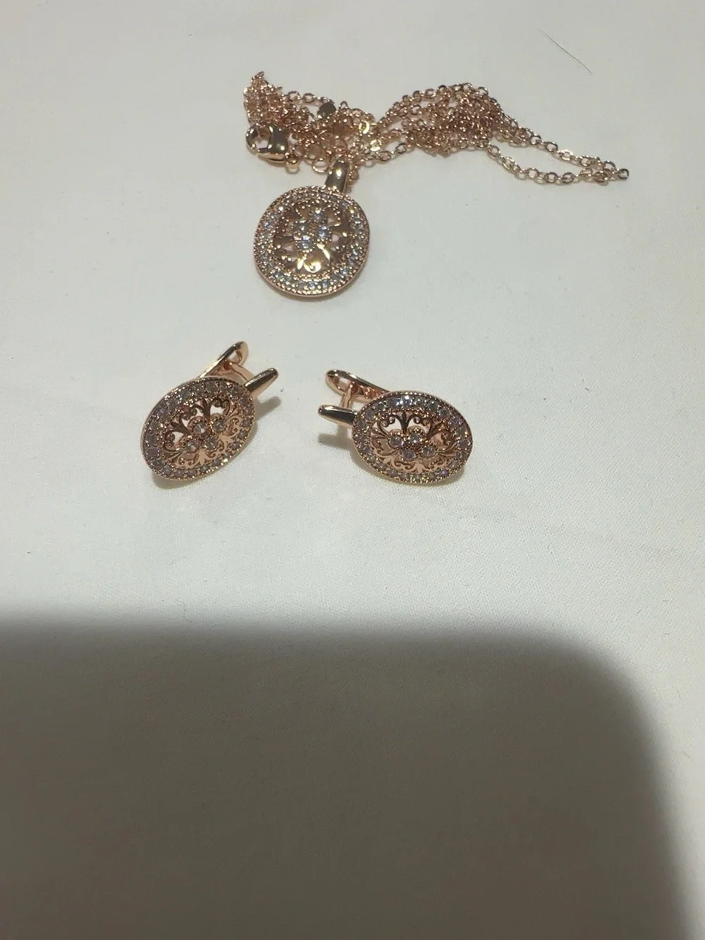 Rose Gold Filigree Oval Pendant Necklace and Earrings Set